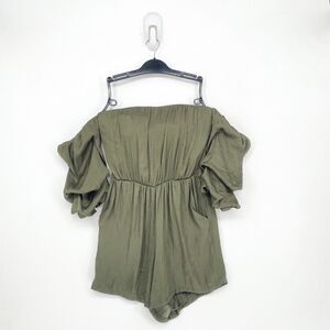BARDOT Women 4 Caught Sleeve Romper Khaki Green Off Shoulder Playsuit Ruched NEW
